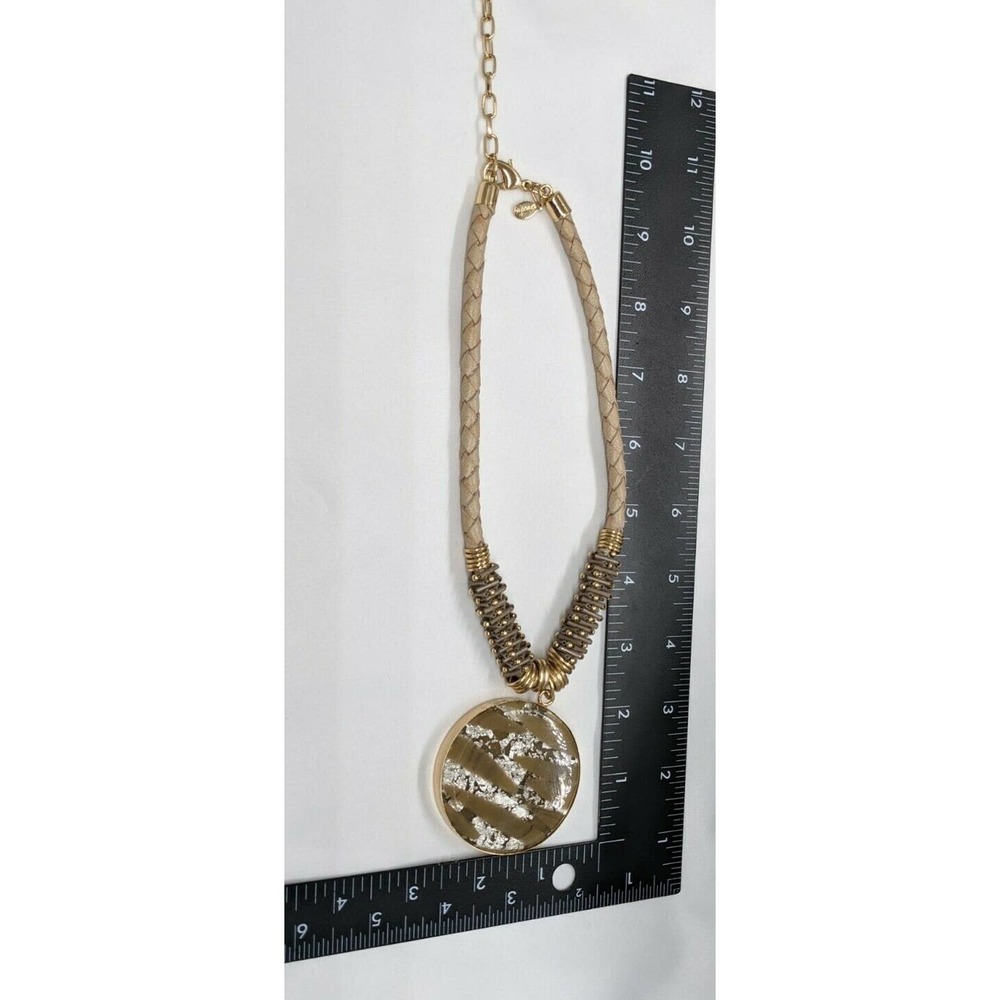 CHICO'S Pendant Necklace Circle Brown Gold Tone Silver Tone Metallic Tan Braided - Picture 8 of 9